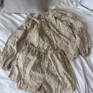 Piyama Floral Button-Front Top and Shorts Set in Cream with Orange & Green